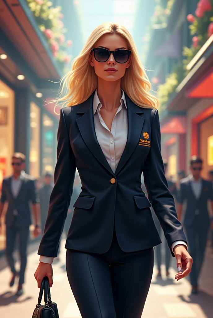 blonde woman in dark glasses dressed in formal wear with a blazer with the logo on the chest that says shekná uniforms walking in the mall