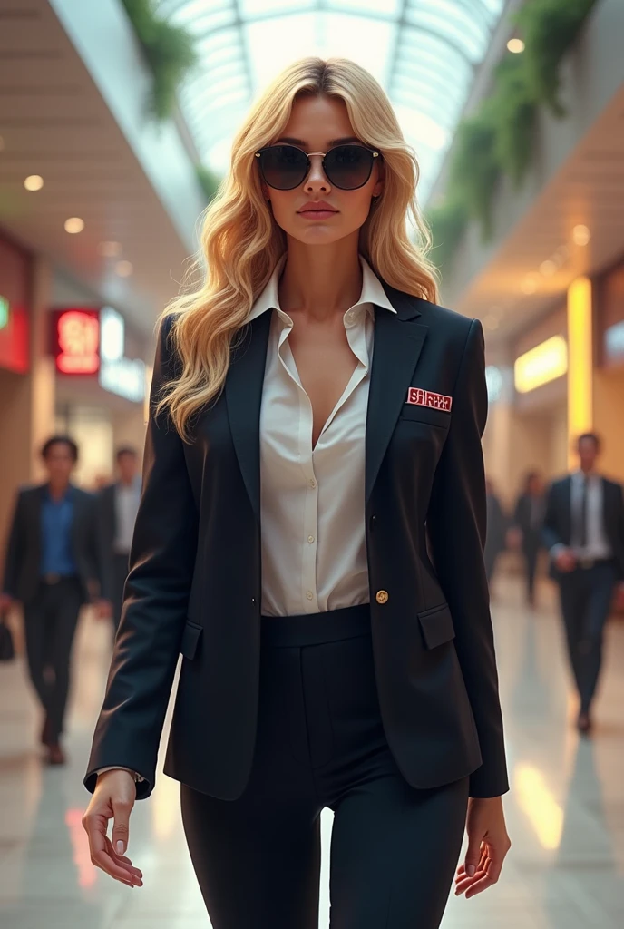 blonde woman in dark glasses dressed in formal wear with a blazer with the logo on the chest that says shekná uniforms walking in the mall