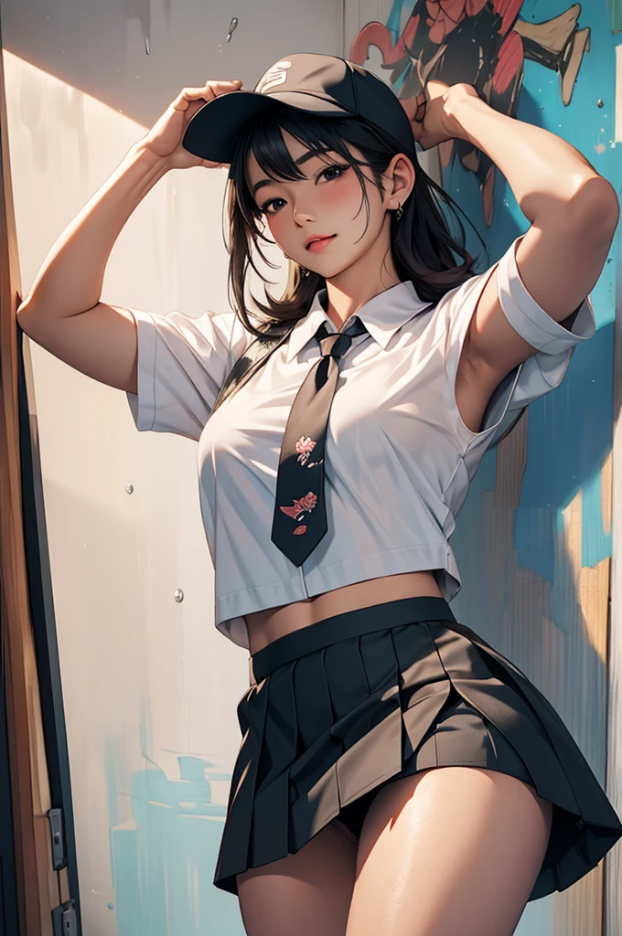 Armpit,cap, Naughty uniform, panty shot,ultra black mini skirt,Japanese,BDSM,super real painting,open legs