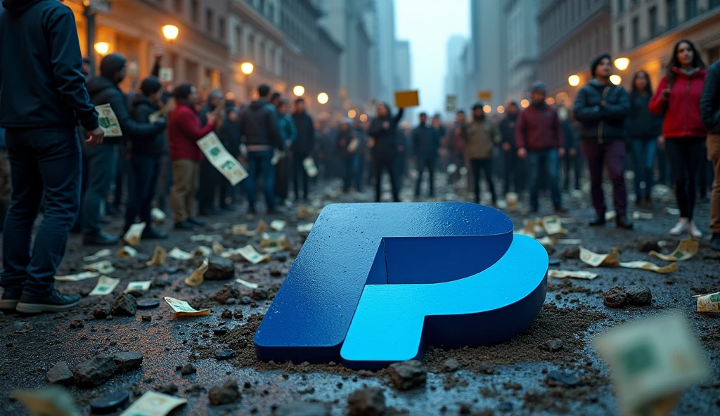 3D PayPal logo embedded in the ground of a devastated city at night with a crowd of people protesting around money flying around, corruption