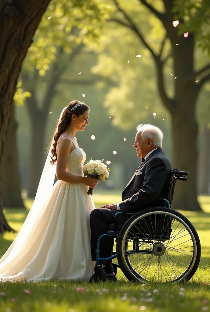 8 man on wheel chair marriage with young girl in park