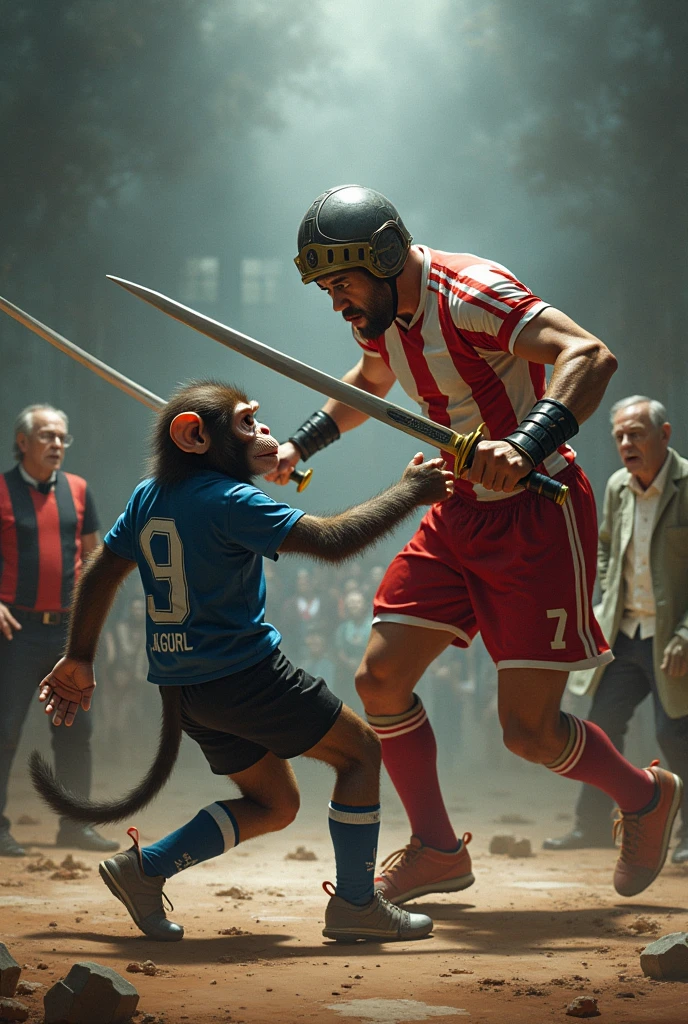 Gladiator with helmet and swords dressed in red and white striped sports shirt fighting to the death and winning against a monkey in blue and black sports shirt while there is a lawyer dressed in red and black in a suit and an Irish leprechaun dressed in green scared and crying and a doctor running