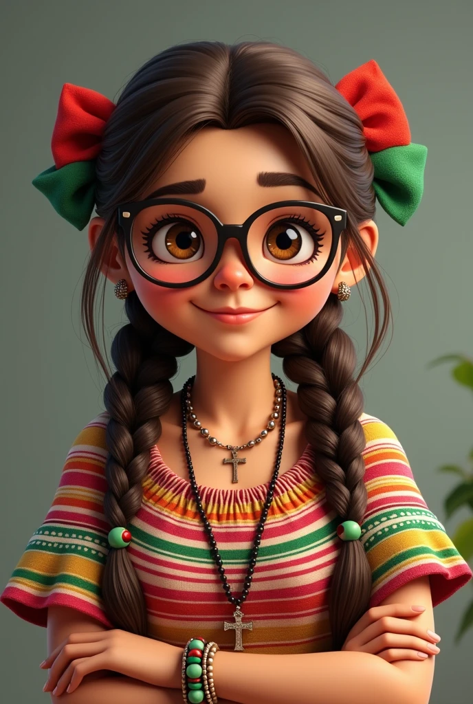 Female teacher with brown hair with two braids and Mexican tricolor bows, Brown eyes, wear glasses, dressed in typical Mexican clothing with a cross necklace and bracelets. She is chubby.