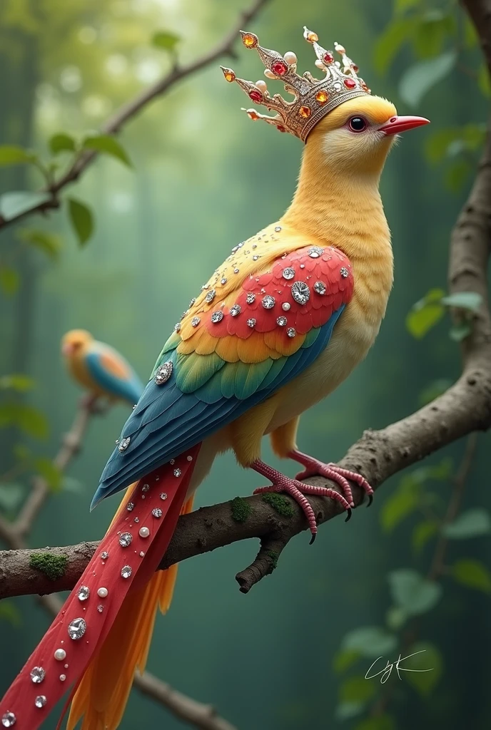 2 very beautiful colourful 4K birds which is chirping and speaking, its feathers are studded with diamonds and pearls. On its head is a crown of gold, silver and diamonds and pearls, a long tail adorned with colorful spots, perched on a branch with a blurred green forest background, romantic
