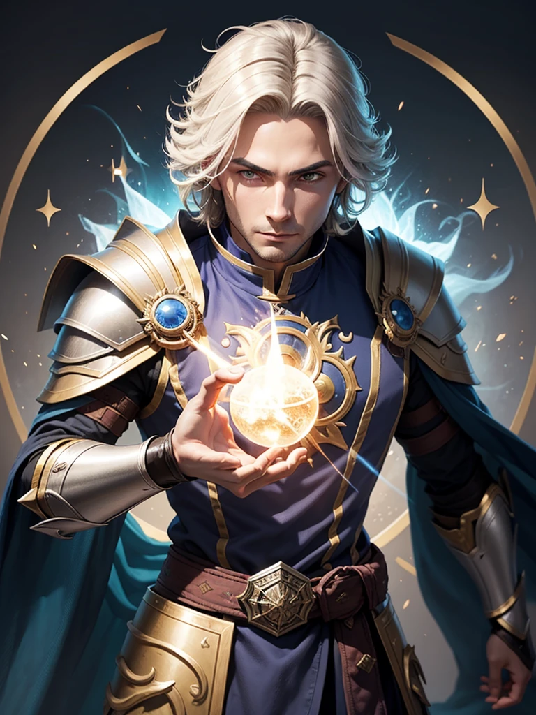 A male mage wearing regal plate armor and a helmet, with a mysterious aura