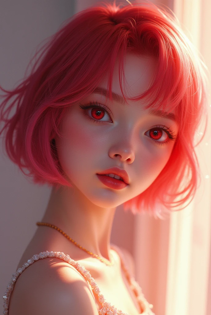 Beautiful girl with short red and pink hair, crimson eyes and a pretty face
