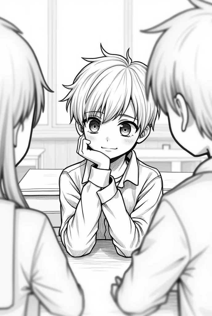 pencil draw, outline, lineart, the scene depicts a boy sitting in a classroom, looking thoughtfully at another student, that is out of focus in the foreground. The perspective of the image focuses on an angle that highlights the interaction between the two students, 