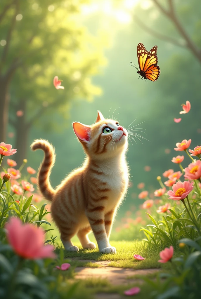  In a beautiful garden there is a cute animal cat who is saying almost got a butterfly flying 