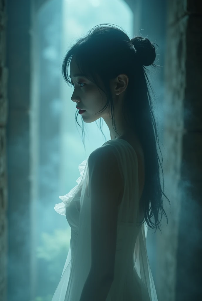 (Female ghost:1.6)、(((In the fog)))、((The body is blurred))、young woman、(Beauty)、Japanese、cute、1、((sexy))、(My body is transparent)、Background gloomy tomb、(((sexyなドレス)))、soul、(best quality,4K,8k,highres,masterpiece:1.2),ultra-detailed,(realistic,photorealistic,photo-realistic:1.37),HDR,uhd,studio lighting,ultra-fine painting,sharp focus,physically-based rendering,extreme detail description,professional,vivid colors,bokeh,cinematic lighting,dramatic shadow,
