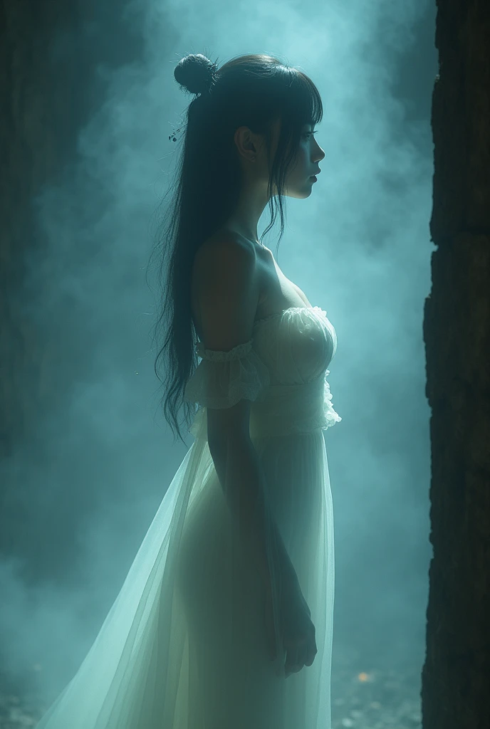 (Female ghost:1.6)、(((In the fog)))、((The body is blurred))、young woman、(Beauty)、Japanese、cute、1、((sexy))、(My body is transparent)、Background gloomy tomb、(((sexyなドレス)))、soul、(best quality,4K,8k,highres,masterpiece:1.2),ultra-detailed,(realistic,photorealistic,photo-realistic:1.37),HDR,uhd,studio lighting,ultra-fine painting,sharp focus,physically-based rendering,extreme detail description,professional,vivid colors,bokeh,cinematic lighting,dramatic shadow,