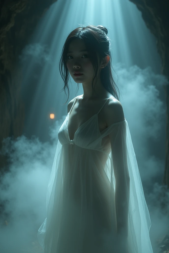 (Female ghost:1.6)、(((In the fog)))、((The body is blurred))、young woman、(Beauty)、Japanese、cute、1、((sexy))、(My body is transparent)、Background gloomy tomb、(((sexyなドレス)))、soul、(best quality,4K,8k,highres,masterpiece:1.2),ultra-detailed,(realistic,photorealistic,photo-realistic:1.37),HDR,uhd,studio lighting,ultra-fine painting,sharp focus,physically-based rendering,extreme detail description,professional,vivid colors,bokeh,cinematic lighting,dramatic shadow,