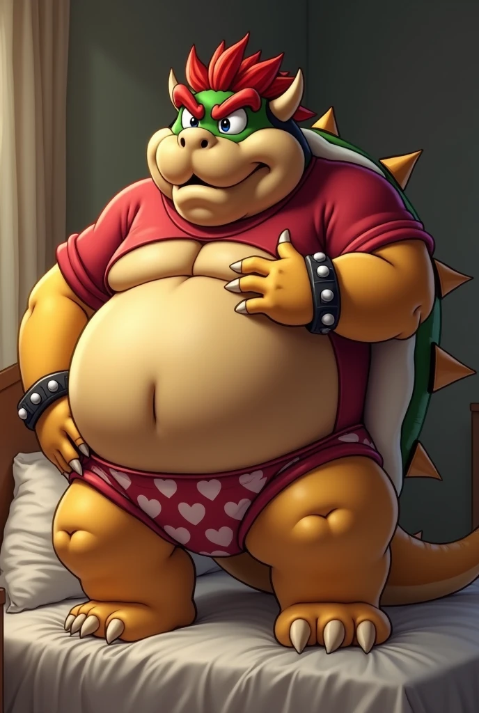 Bowser from Super Mario, Extremely obese, chubby, embarrassed, huge round belly, big moobs, heart underpants, red tight short sleeves t-shirt, laying on a bed, one hand on the belly