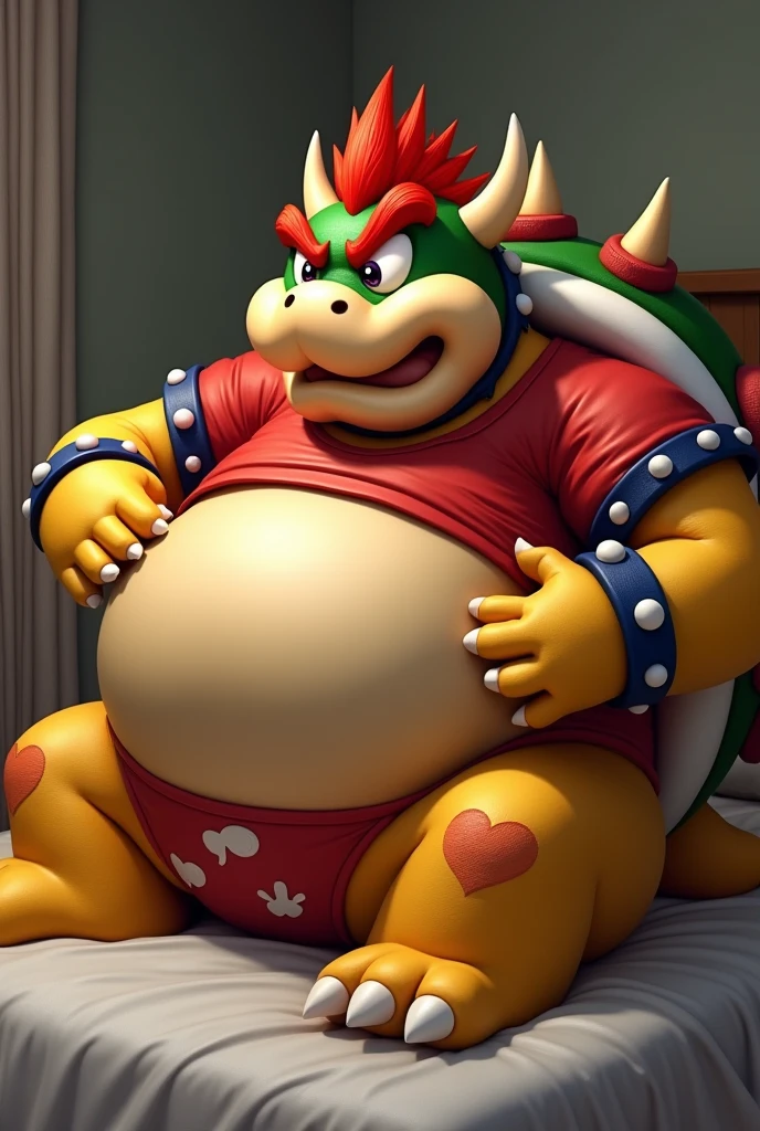 Bowser from Super Mario, Extremely obese, chubby, embarrassed, huge round belly, big moobs, heart underpants, red tight short sleeves t-shirt, laying on a bed, one hand on the belly