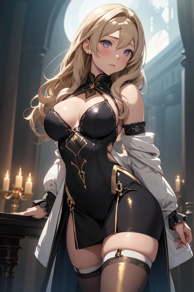 (Best quality, Ultra detailed, Golden ratio, Masterpiece:1.2), Theatrical lighting:0.7(ray tracing), 1 girl, Soma Cruz from castlevania, turned into a woman, posing, athletic body, small thighs, Small breasts,perky breasts, heart-shaped ass, tight pussy(shiny skin)(detailed skin) (perfect hands), posing, mature, sexual, attractive, lewd, orgasmic, blushing, very feminine, wearing a White coat, thigh highs(perfect eyes), in front of a castle, during a full moon