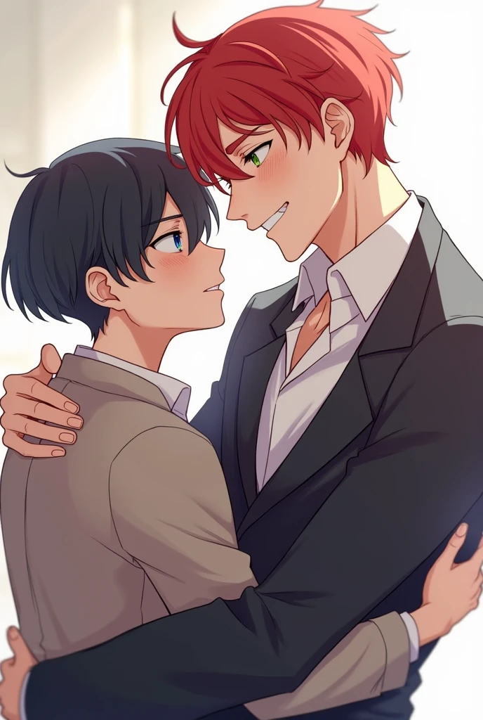 Generates an image of two boys in a boys love scene. The first one is a red-haired boy, high, with green eyes and a muscular but not excessively large body. He is holding the second boy's waist, who is black-haired, with blue eyes and a serious expression, but blushing. The redhead has a mocking look as he watches the blushing black-haired boy. Asegúrate de que el pelirrojo sea más high que el pelinegro y que la escena transmita una sensación de juego y coqueteo