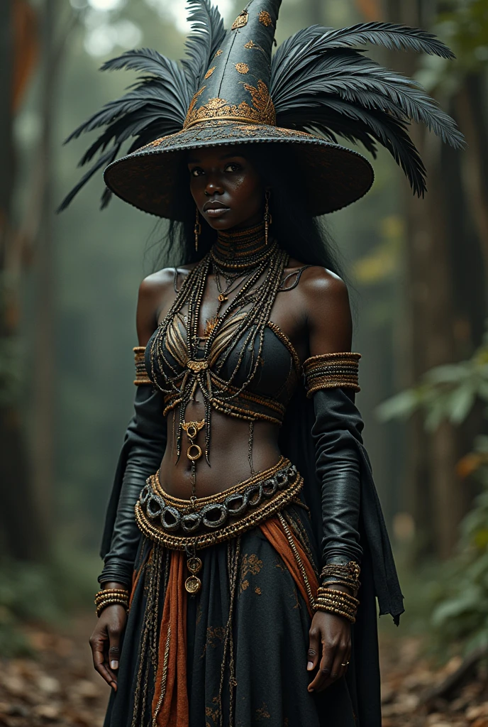 
Kiki porte un costume inspiré des robes traditionnelles africaines avec des motifs vaudous. Sa tenue est ornée de perles, de bijoux en os et de tissus déchirés pour un look mystique et effrayant. Elle a également un grand chapeau vaudou décoré de plumes et de charms.