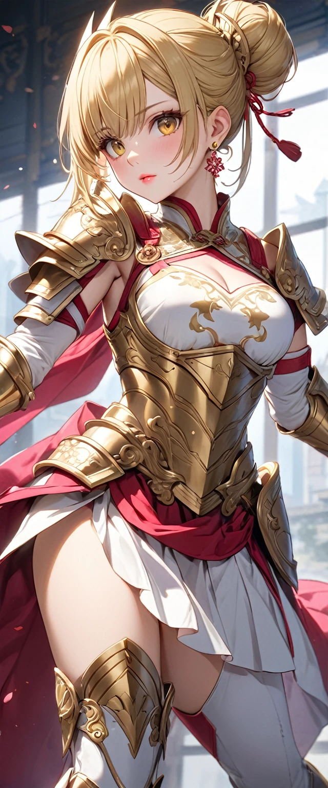 (Perfect Anatomy)、Mastepiece、Ultra High Quality、 8k、masterpiece、Highest quality、Ultra-high resolution、Maximum resolution、Very detailed、Professional Lighting、anime、woman、thin、so beautiful、Highly detailed eye、Highly detailed face、Golden earrings、Blonde, hair bun, Yellow Eyes、Detailed armor patterns、Mid-chest,  makeup, eyeliner, eye shadow, pink cheek, pink lips, goddess armor, white open mini skirt , full body, gold pattern, white super long boots, white long gloves, female martial artist, high heels, white clawed gauntlets, white cute headgear, gold knee armor, random pose