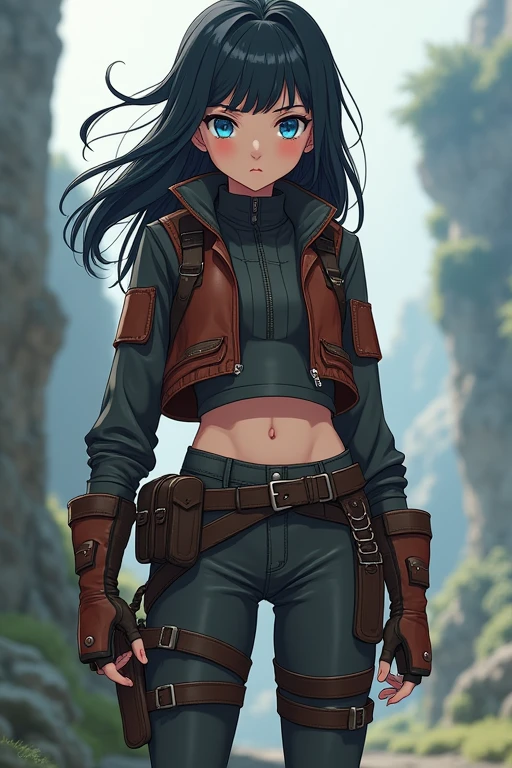 Anime girl 1 girl, black hair. blue eyes Freya wears a functional and stylish adventurer's outfit, designed to provide freedom of movement and protection. She wears a tight-fitting, dark brown leather blouse with steel detailing on the seams and shoulders to offer some protection against light attacks. Over her blouse, she wears a reinforced leather vest, which has small metal plates embedded for greater protection on her chest and upper back. The lower part consists of strong, flexible dark gray fabric pants that fit comfortably around the legs, allowing for agility in combat and exploration. Freya's boots are made of durable leather, designed to withstand long walks and varied terrain. They have non-slip soles and reinforcement in impact areas, such as ankles and heels. To complete the look, Freya wears a belt with several pouches to carry small items and a lightweight travel cover, which can be removed when necessary. Full body
