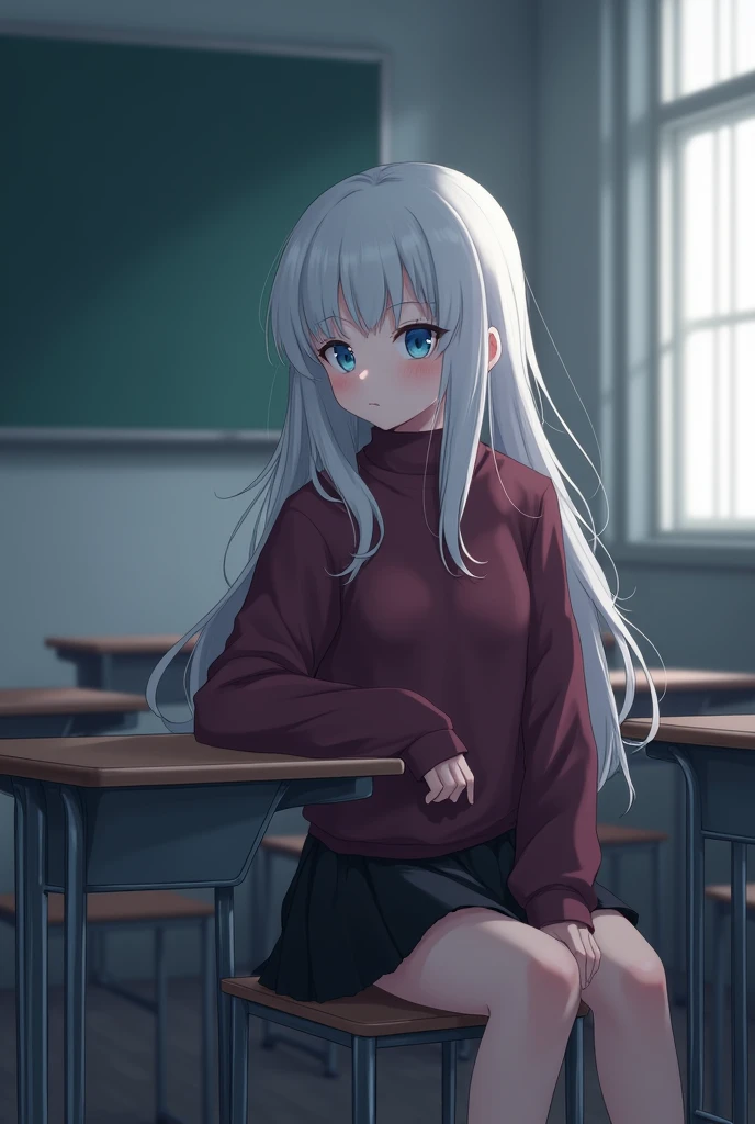  a  girl, light blue eyes,long white hair,burgundy sweater,black skirt,sitting alone at the desk in the corner of a classroom,looking to the side,anime/manga