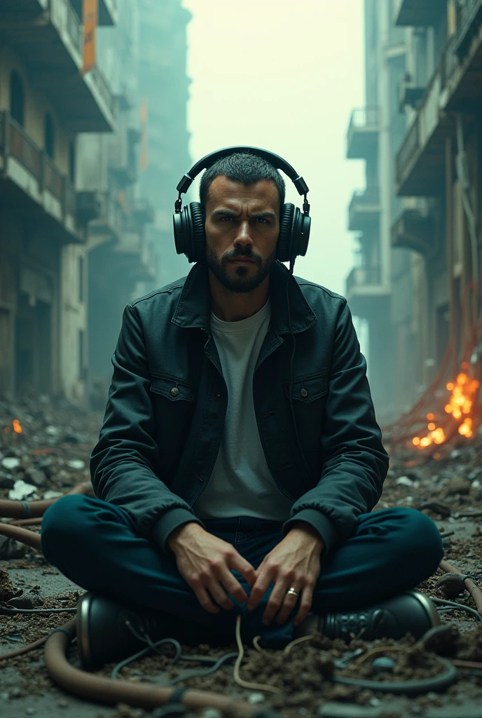 Man listening to music with his big headphones in front of an apocalyptic cyberpunk landscape