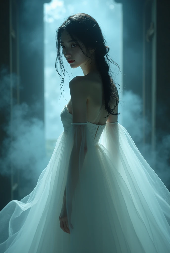 (Female ghost:1.6)、(((In the fog)))、((The body is blurred))、young woman、(Beauty)、Japanese、cute、1、((sexy))、(My body is transparent)、Background Tomb、(((sexyなドレス)))、soul、(best quality,4K,8k,highres,masterpiece:1.2),ultra-detailed,(realistic,photorealistic,photo-realistic:1.37),HDR,uhd,studio lighting,ultra-fine painting,sharp focus,physically-based rendering,extreme detail description,professional,vivid colors,bokeh,cinematic lighting,dramatic shadow,