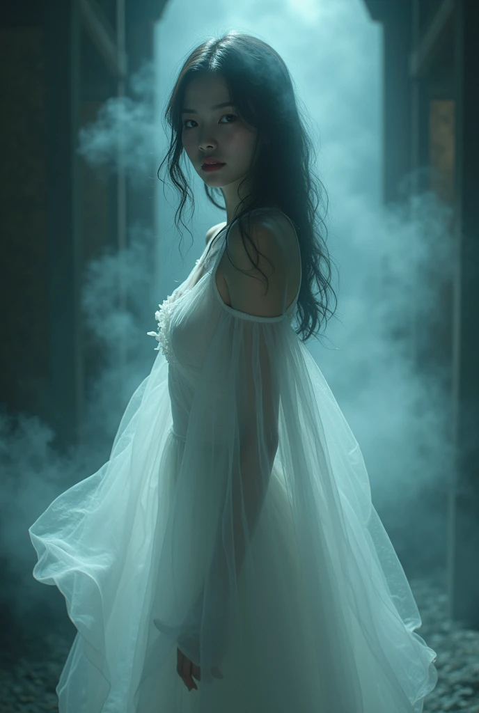 (Female ghost:1.6)、(((In the fog)))、((The body is blurred))、young woman、(Beauty)、Japanese、cute、1、((sexy))、(My body is transparent)、Background Tomb、(((sexyなドレス)))、soul、(best quality,4K,8k,highres,masterpiece:1.2),ultra-detailed,(realistic,photorealistic,photo-realistic:1.37),HDR,uhd,studio lighting,ultra-fine painting,sharp focus,physically-based rendering,extreme detail description,professional,vivid colors,bokeh,cinematic lighting,dramatic shadow,