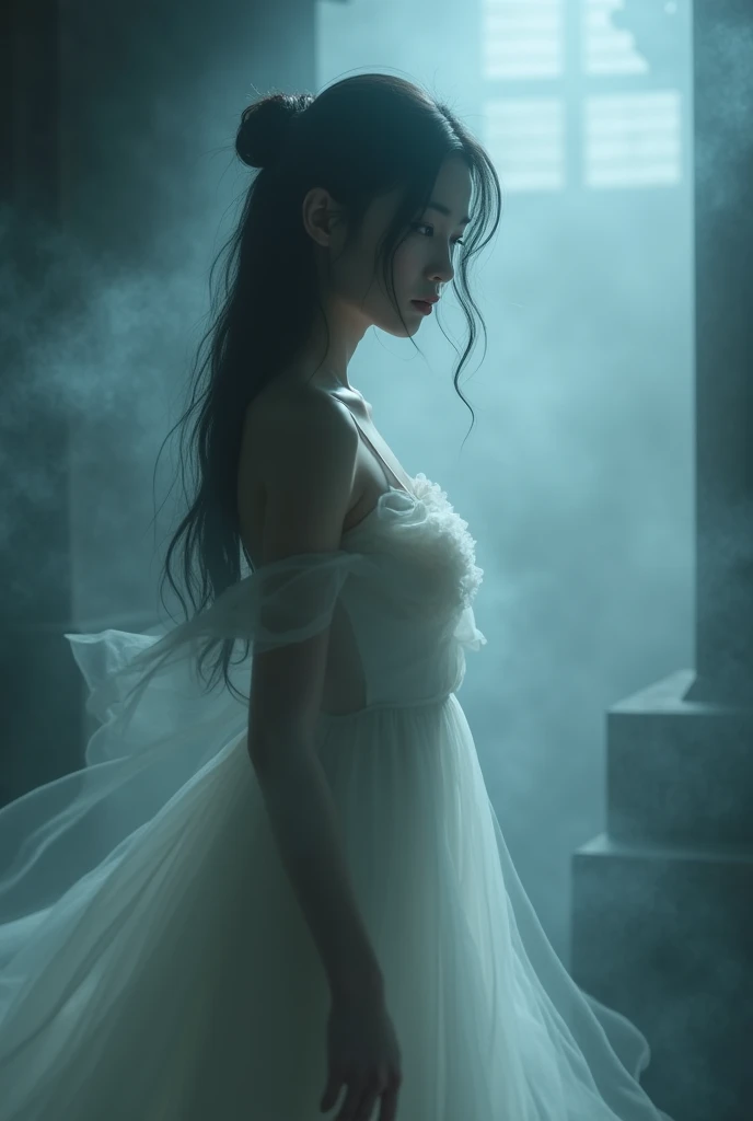 (Female ghost:1.6)、(((In the fog)))、((The body is blurred))、young woman、(Beauty)、Japanese、cute、1、((sexy))、(My body is transparent)、Background Tomb、(((sexyなドレス)))、soul、(best quality,4K,8k,highres,masterpiece:1.2),ultra-detailed,(realistic,photorealistic,photo-realistic:1.37),HDR,uhd,studio lighting,ultra-fine painting,sharp focus,physically-based rendering,extreme detail description,professional,vivid colors,bokeh,cinematic lighting,dramatic shadow,
