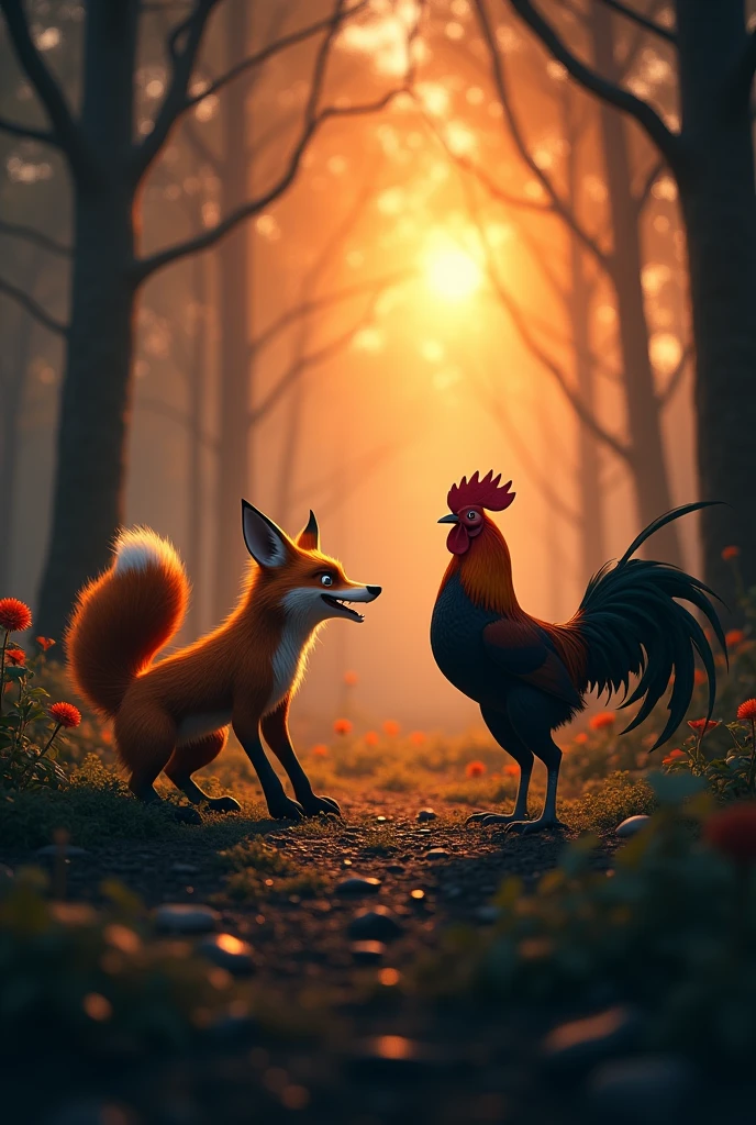 A forest scene with dark tones, at sunset. At the center, an orange fox with a mischievous smile is in an attacking position, staring at a rooster. The rooster is facing the fox, with one eye closed and the other open, showing an expression of distrust. The fox is crouching, ready to jump, while the rooster is alert. Above them, the text &#39;Be careful who you call your friend!&#39; in a large, bold font, with colors that contrast with the scenery to stand out