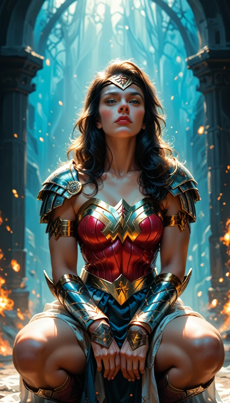  "A fantasy-style image of Wonder Woman, wearing a white version of her classic armor with subtle glowing accents. She is crouched down slightly, with both hands resting on her knees, looking up with a determined and powerful expression. The art style combines her original DC appearance with fantasy elements, like intricate designs on her armor and a glowing lasso. The background features a mystical landscape with vibrant colors, enhancing the epic and otherworldly feel of the scene.",
  "size": "1024x1024"
