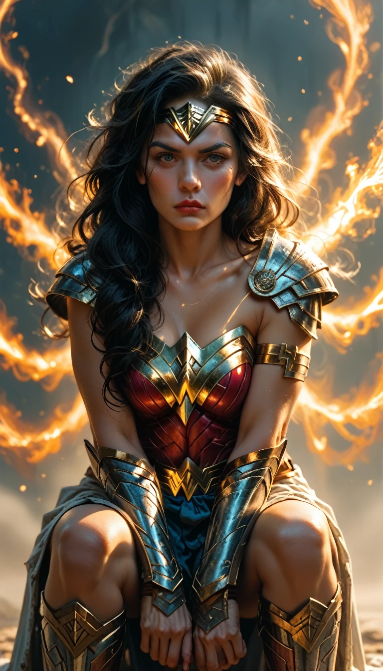  "A fantasy-style image of Wonder Woman, wearing a white version of her classic armor with subtle glowing accents. She is crouched down slightly, with both hands resting on her knees, looking up with a determined and powerful expression. The art style combines her original DC appearance with fantasy elements, like intricate designs on her armor and a glowing lasso. The background features a mystical landscape with vibrant colors, enhancing the epic and otherworldly feel of the scene.",
  "size": "1024x1024"
