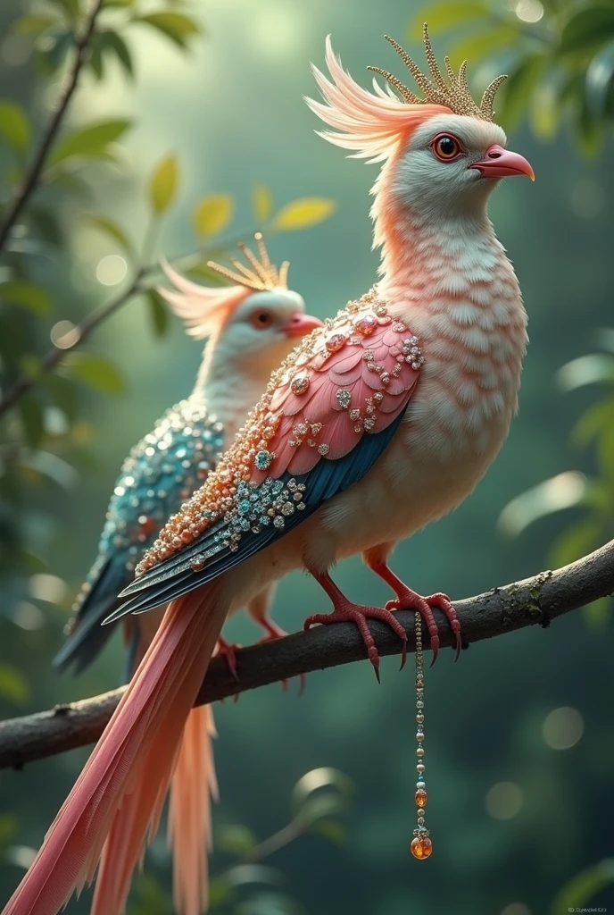2 very beautiful colourful 4K birds which is chirping and speaking, its feathers are studded with diamonds and pearls. On its head is a crown of gold, silver and diamonds and pearls, The birds' long, graceful tail feathers should feature ornate white designs with bead-like decorations. The background should be softly blurred, with natural sunlight filtering through the dense green foliage, creating a magical, serene atmosphere. Capture the details of the birds’ feathers and the hats in ultra-sharp resolution, ensuring a visually stunning and realistic appearance."
