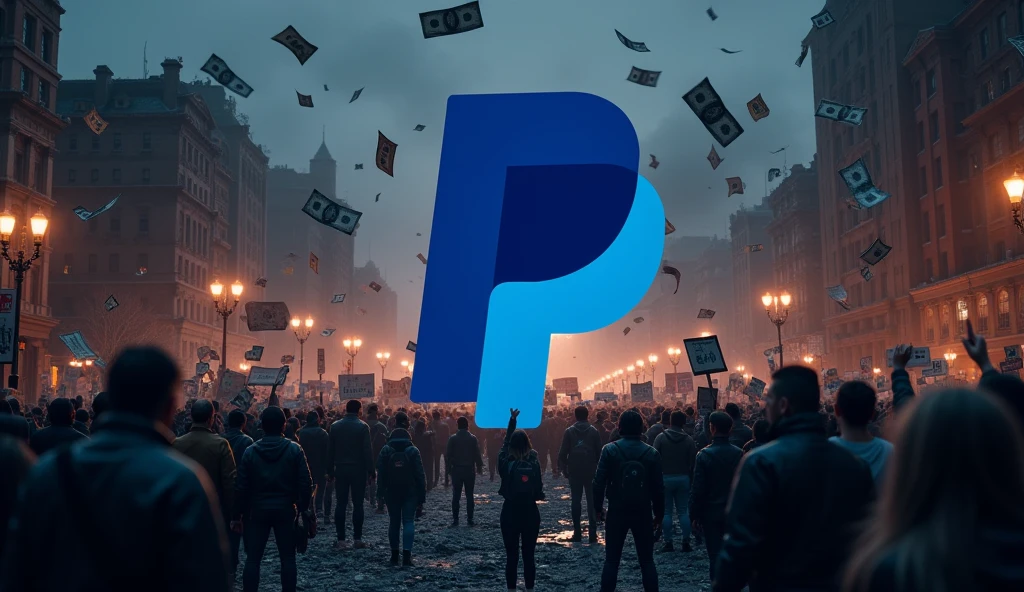 PayPal 3D logo in the center of a devastated city at night with a crowd of people protesting around money flying around, corruption, dark atmosphere