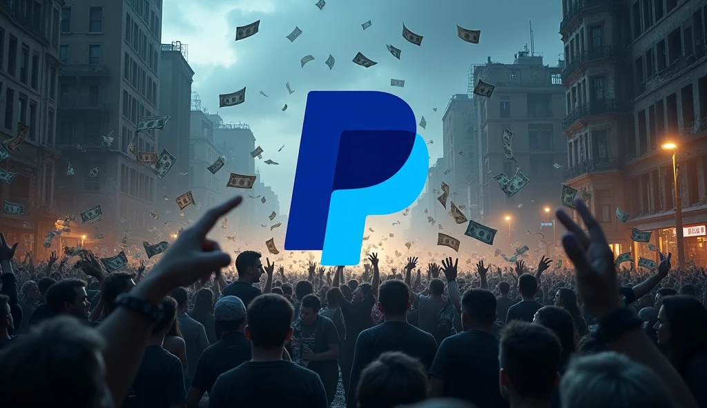 PayPal 3D logo in the center of a devastated city at night with a crowd of people protesting around money flying around, corruption, dark atmosphere