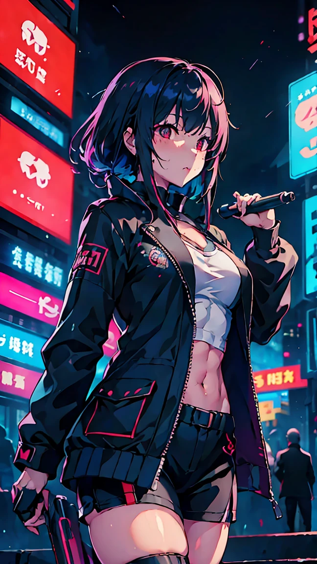 Rina Shinomiya、cyberpunk neon night city, smooth light, Belautiful, Depth of field, 8k, highy detailed, high qualiy, Mayor&#39;s body, muscular woman, highy detailed face, shredded abdomen, biker shorts, half-open jacket, black cowl, Glasses on the neck, high thigh, knee high boots, long sleeves,  , large red eyes, dynamic, short green hair, sexly,  breasts small, gesugao,  , eerie glowing red eyes,   burlas, leaning forward, view from the bottom, view from the bottom para cima, sweaty, sweating, sweat, humida, lingerie white, Bela, pale white skin, tatsumaki, (full body shot shot:1) view from the bottom, view from the bottom para cima, looking ahead at viewer, work of art, high detailed 8k, full body shot shot, Nicole Demara, Belautiful woman, Broad Hips, thick-thighs, thick calves, muscular female, Waist slender, Fine body, breasts small, , shredded abdomen, Fitness, muscular female