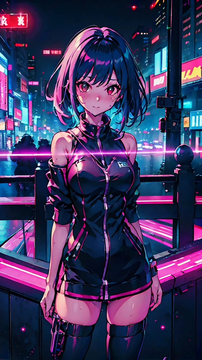 Rina Shinomiya、cyberpunk neon night city, smooth light, Belautiful, Depth of field, 8k, highy detailed, high qualiy, Mayor&#39;s body, muscular woman, highy detailed face, shredded abdomen, biker shorts, half-open jacket, black cowl, Glasses on the neck, high thigh, knee high boots, long sleeves,  , large red eyes, dynamic, short green hair, sexly,  breasts small, gesugao,  , eerie glowing red eyes,   burlas, leaning forward, view from the bottom, view from the bottom para cima, sweaty, sweating, sweat, humida, lingerie white, Bela, pale white skin, tatsumaki, (full body shot shot:1) view from the bottom, view from the bottom para cima, looking ahead at viewer, work of art, high detailed 8k, full body shot shot, Nicole Demara, Belautiful woman, Broad Hips, thick-thighs, thick calves, muscular female, Waist slender, Fine body, breasts small, , shredded abdomen, Fitness, muscular female