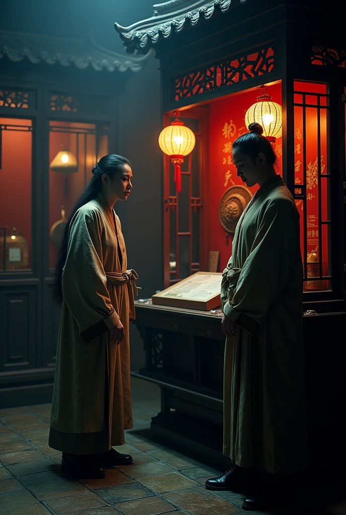 make a prompt for a flyer/poster about a chinese horror booth. its story revolves around a missing scholar in the ancient dynasty that you have to find. its main elements have to be balanced out — chinese culture and horror.