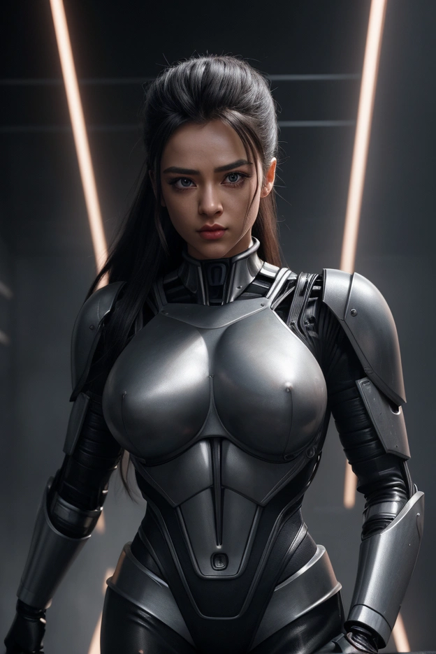 a female version of Goku wearing the clothes of the T-800 from Terminator, detailed face, beautiful detailed eyes, beautiful detailed lips, extremely detailed eyes and face, long eyelashes, muscular body, heroic pose, dynamic action, science fiction, t-800 terminator outfit, futuristic, cyberpunk, cinematic lighting, hyper realistic, 8k, best quality, ultra-detailed, photorealistic