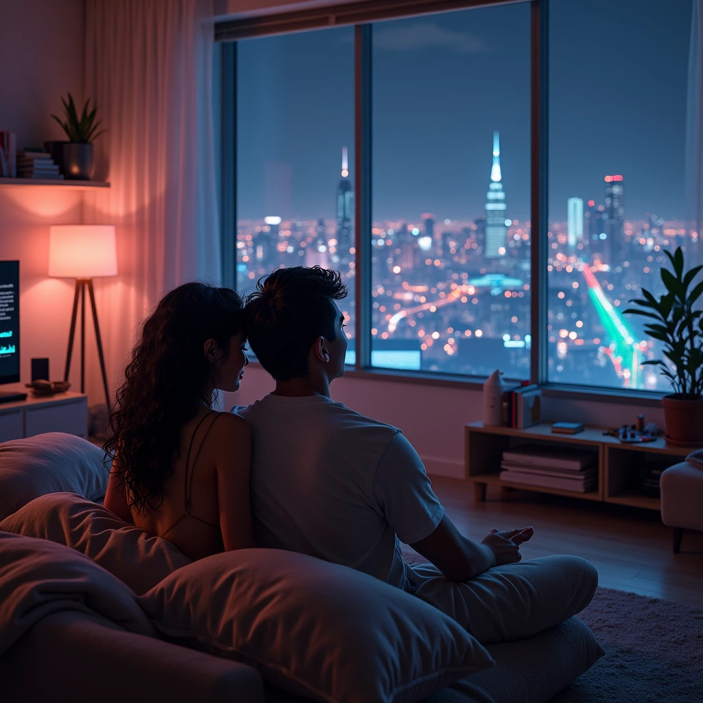 realistic photo of a (pretty girl, 20 years old, brunette, black eyes) with a handsome 30 years old shory haired man at her appartament sofa assisting TV, (full lips) , ((perfect face)), [[mild smile]], proportionate body,mixed white-latina herritage, nubyan nose, beautyfull, beautyfull face, tanned skin, two arms, two legs, five fingers by hand, full body, (softly curly black long hair), brunette curly girl and short haired man viewing a wide flat scren at her sofa, minimalistic cozy apartament into cristal building, neon night cyberpunk city behind cristal glass, photo taken side, sleepwear, pillows, girl and man hugging, mezzy stuff at carpet, shelves with books and collectibles, huge tv screen, eyes stright to TV screen
