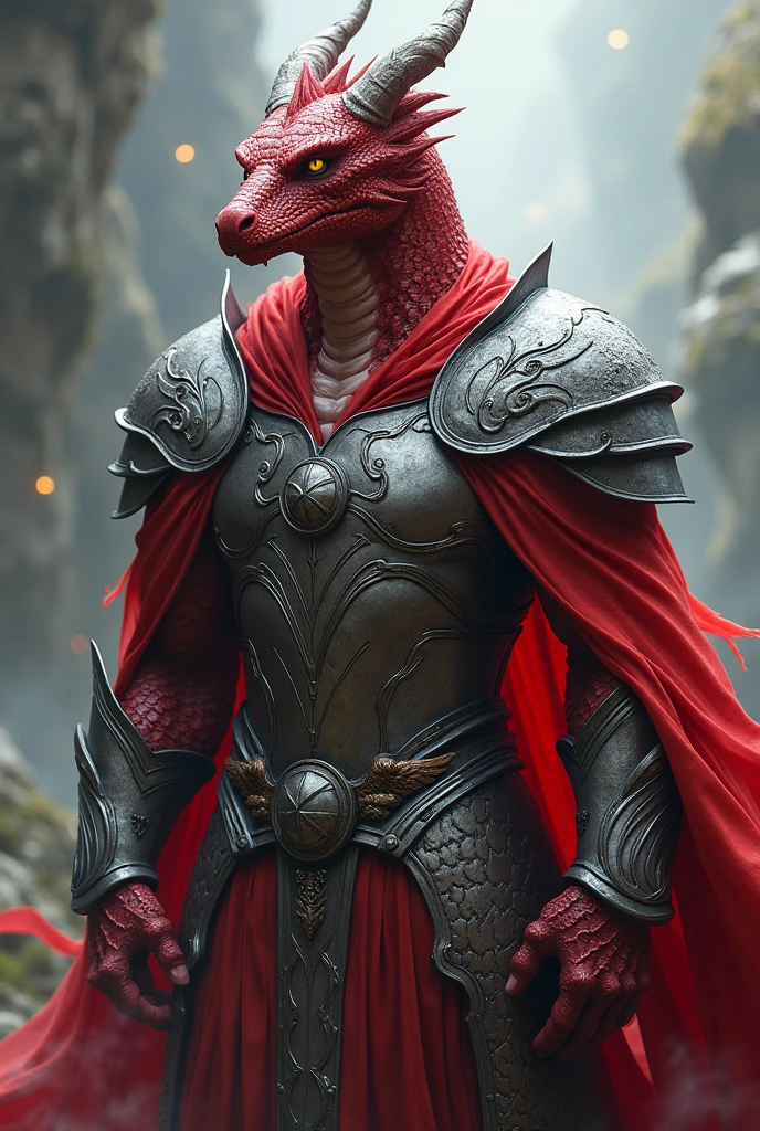 A beautiful red-scaled dragonborn, with armor similar to that of a Valkyrie wearing a kind of veil, an almost transparent red cloth that covers the character's mouth.