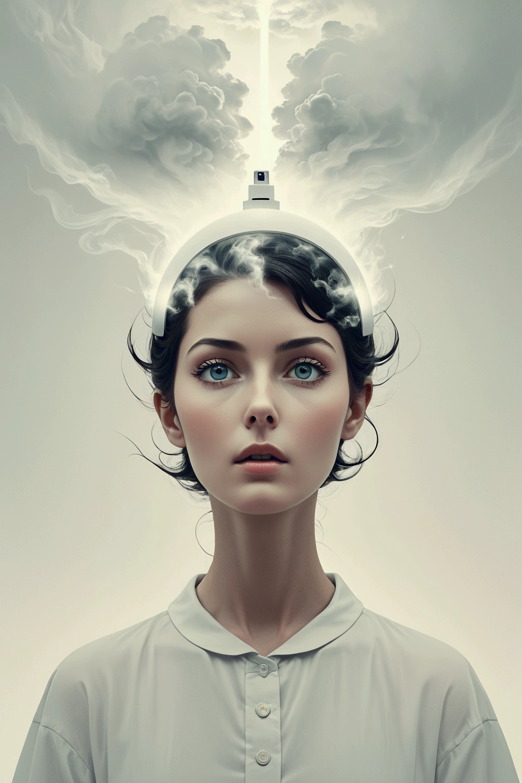 surreal composition,A person'the head becomes a complex signal receiver,White mist hovering around the head,Retro photo album cover,Realistic minimalist style