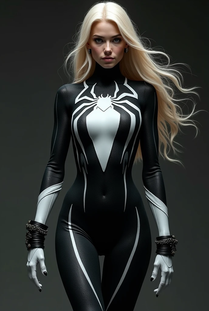 (((Black symbiote))),(((Spider-woman))),(((Una hermosa mujer de cabello rubio largo bajo el manto de la aracnida Jessica Drew alias Spider-woman))),(((Black arachnid one-piece leather suit))),(((Giant white spider covering its chest and abdomen))),(((Long white boots up to her knees))),(((long white gloves ))),(((With Symbiote skin running all over his skin))),(((Black metal bracelets))),(((Simbionte Spiderman))),(((Piel de Black symbiote)))