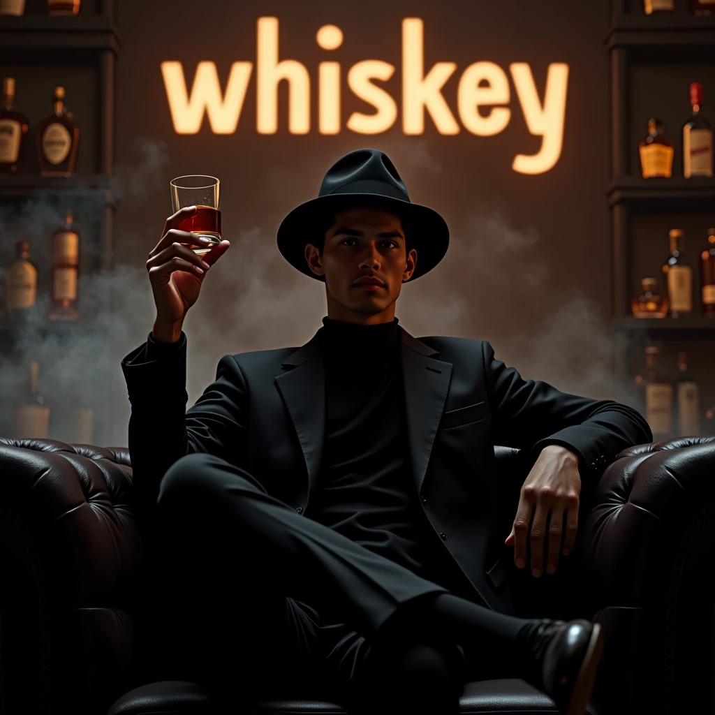 Create a realistic image where a 20 years old boy wearing black luxury suit and wearing a circular cap and hiding his face with cap and sitting on soFa, he's holding a whiskey glass 🥂 in his hand, there is smoke in background and a bar full of whisky . In background the name "whiskey" is showing in bold and glowing effects