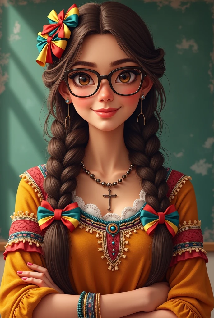 Female teacher with brown hair with two braids and Mexican tricolor bows, Brown eyes, wear glasses, dressed in typical Mexican clothing with a cross necklace and bracelets, she is chubby.