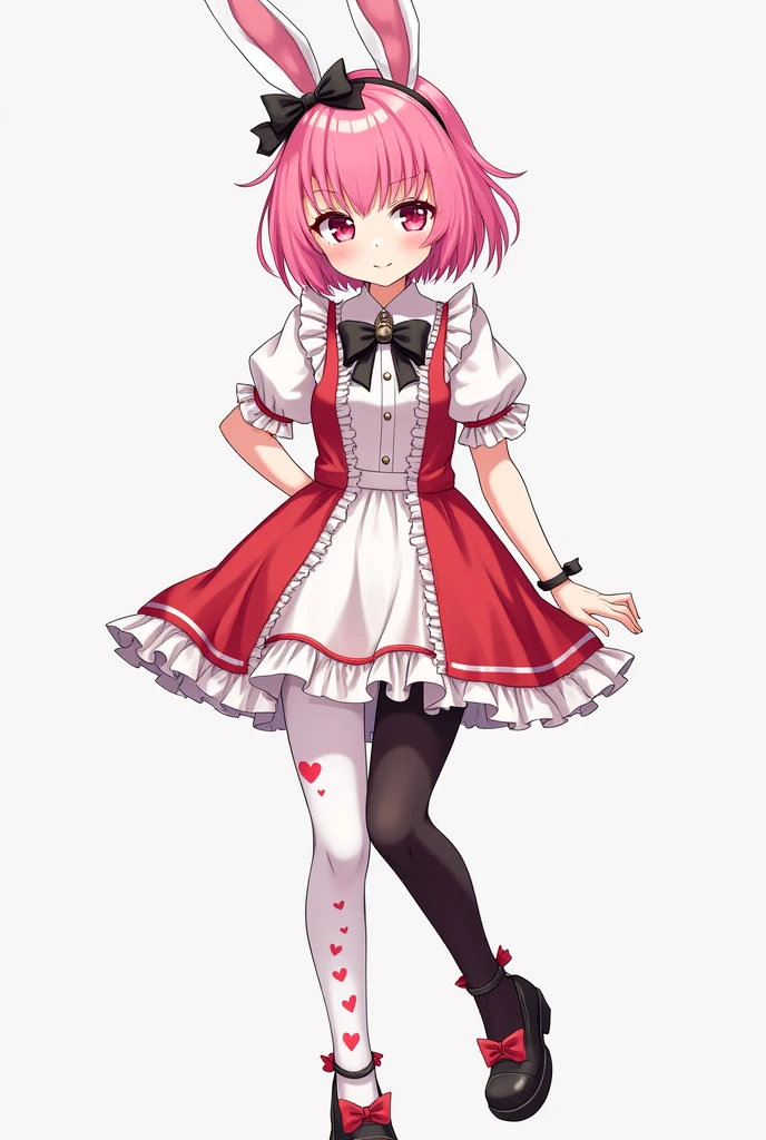 anime teenage girl with short pink hair, pink eyes weaing a dress with red and white with mismatched stockings and her left stocking was white with heart patterns, while the right was plain black and she wore dress sneaker shoes, and her hair was tied back with a black ribbon in the shape of bunny ears.