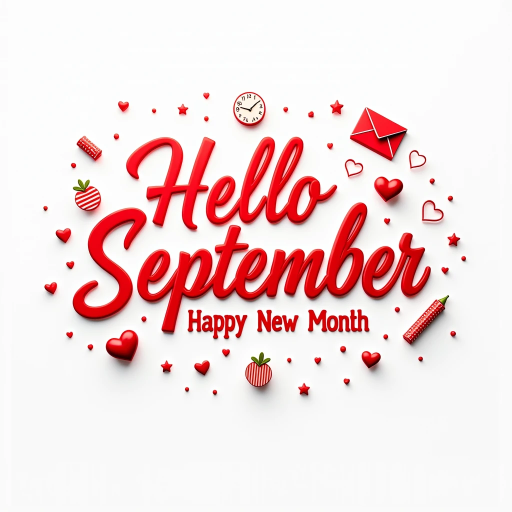 design of a happy New month, hyper realistic design, use use red and white color for both fonts and background, add relevant interesting images and icons, beautiful. write on it "hello September happy new month"