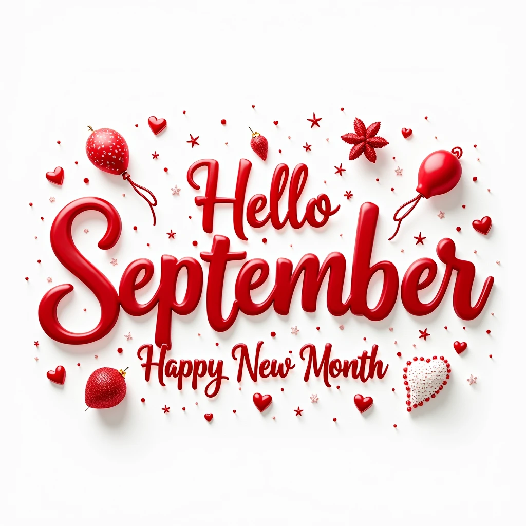 design of a happy New month, hyper realistic design, use use red and white color for both fonts and background, add relevant interesting images and icons, beautiful. write on it "hello September happy new month" 
