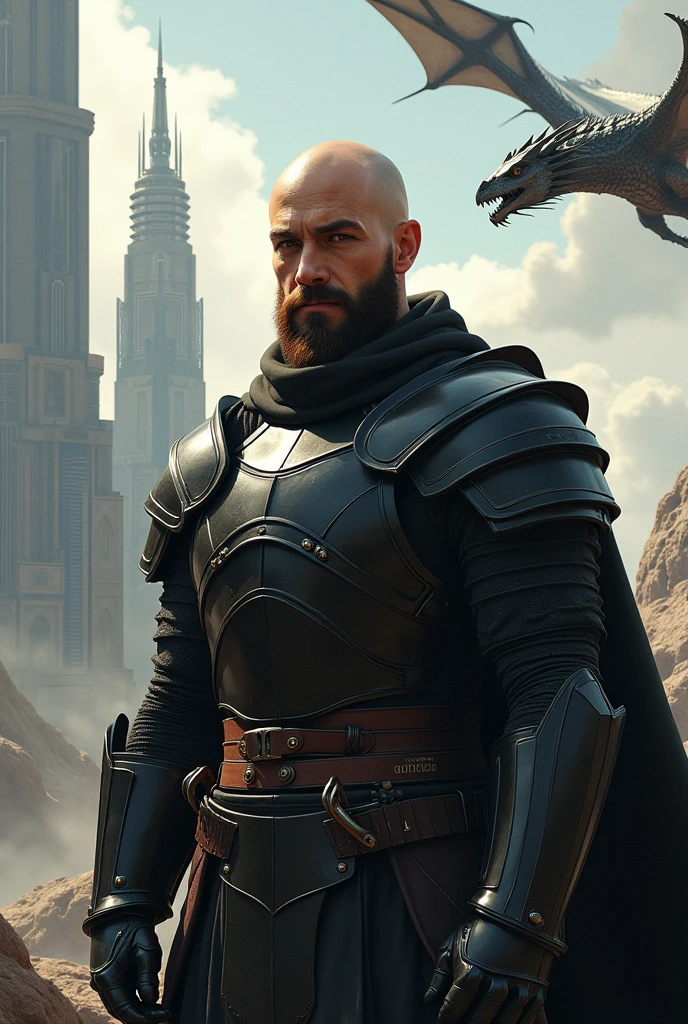 Bald young man with a brown beard, black armor with a flag that shows: "Santiago Andrés, Leyenda" In the background a futuristic city with dragons
