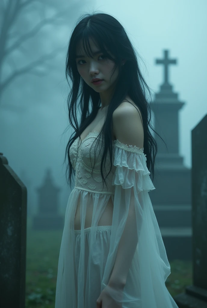(Female ghost:1.7)、(((In the fog)))、((The body is blurred))、young woman、(Beauty)、Japanese、cute、1、((sexy))、Background Graveyard、(((sexyな衣装)))、soul、(best quality,4K,8k,highres,masterpiece:1.2),ultra-detailed,(realistic,photorealistic,photo-realistic:1.37),HDR,uhd,studio lighting,ultra-fine painting,sharp focus,physically-based rendering,extreme detail description,professional,vivid colors,bokeh,cinematic lighting,dramatic shadow,