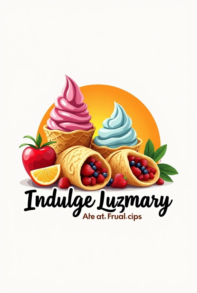 Create a logo with empanadas, arepas, ice cream, where the fruits and the organic stand out. I want the colors of fruits and food to stand out. the company is called indulge luzmary