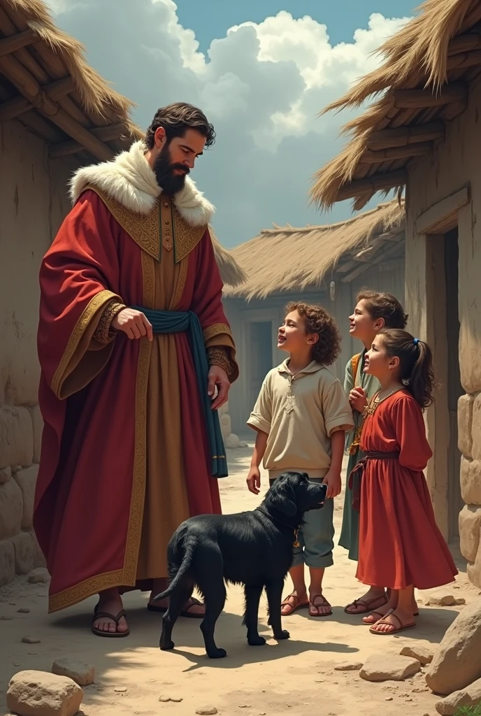 THE LORD ARRIVES At a very poor and humble house, WITH HER SMALL BLACK DOG, His wife comes out to meet him., their 4 children, Two boys and 10 and o twin girls aged 4 , They carry the little dog very happily in an animated manner